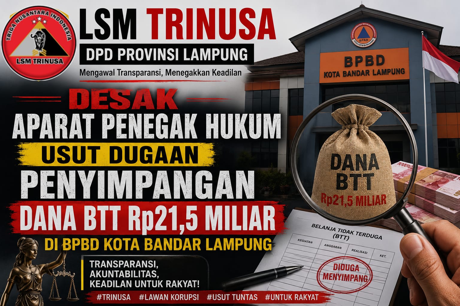 Dugaan Penyimpangan Dana BTT Rp21,5 Miliar di BPBD Kota Bandar Lampung
