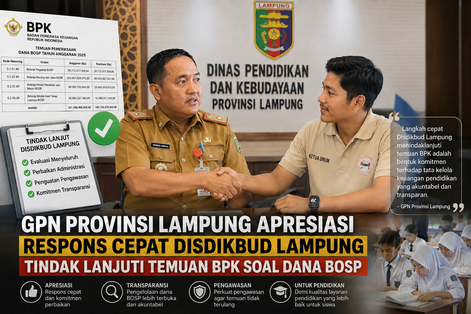 Disdikbud Lampung Tindak Lanjuti Temuan BPK soal Dana BOSP