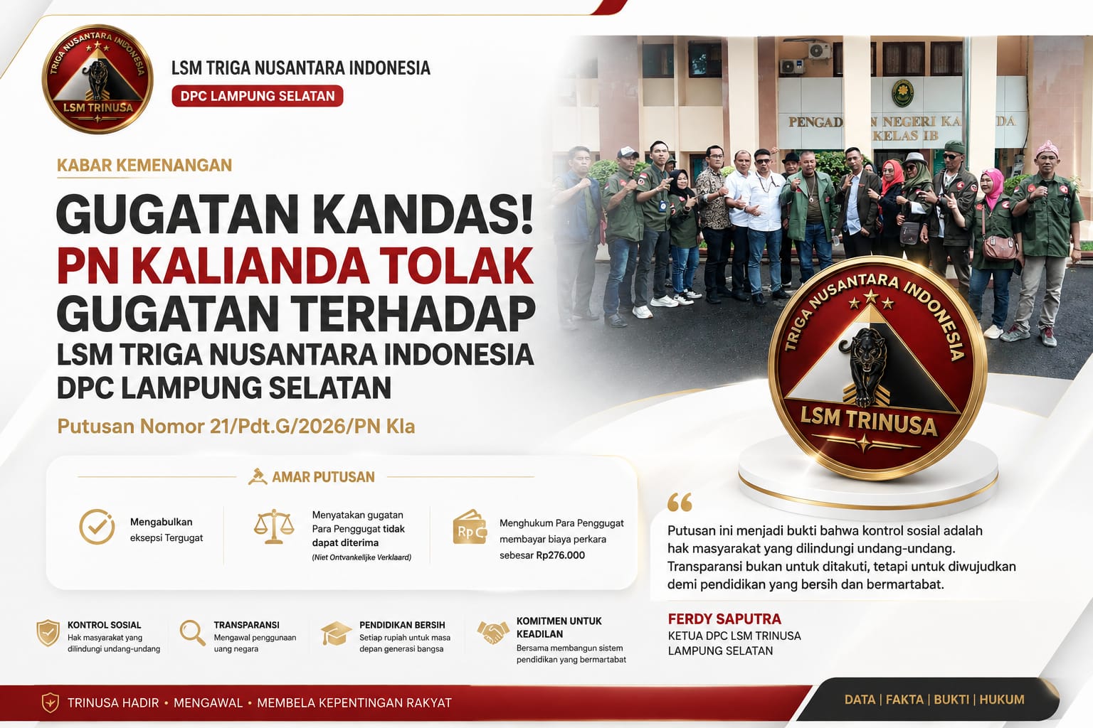 PN Kalianda Tolak Gugatan terhadap TRINUSA, Fungsi Kontrol Sosial Dinilai Sah